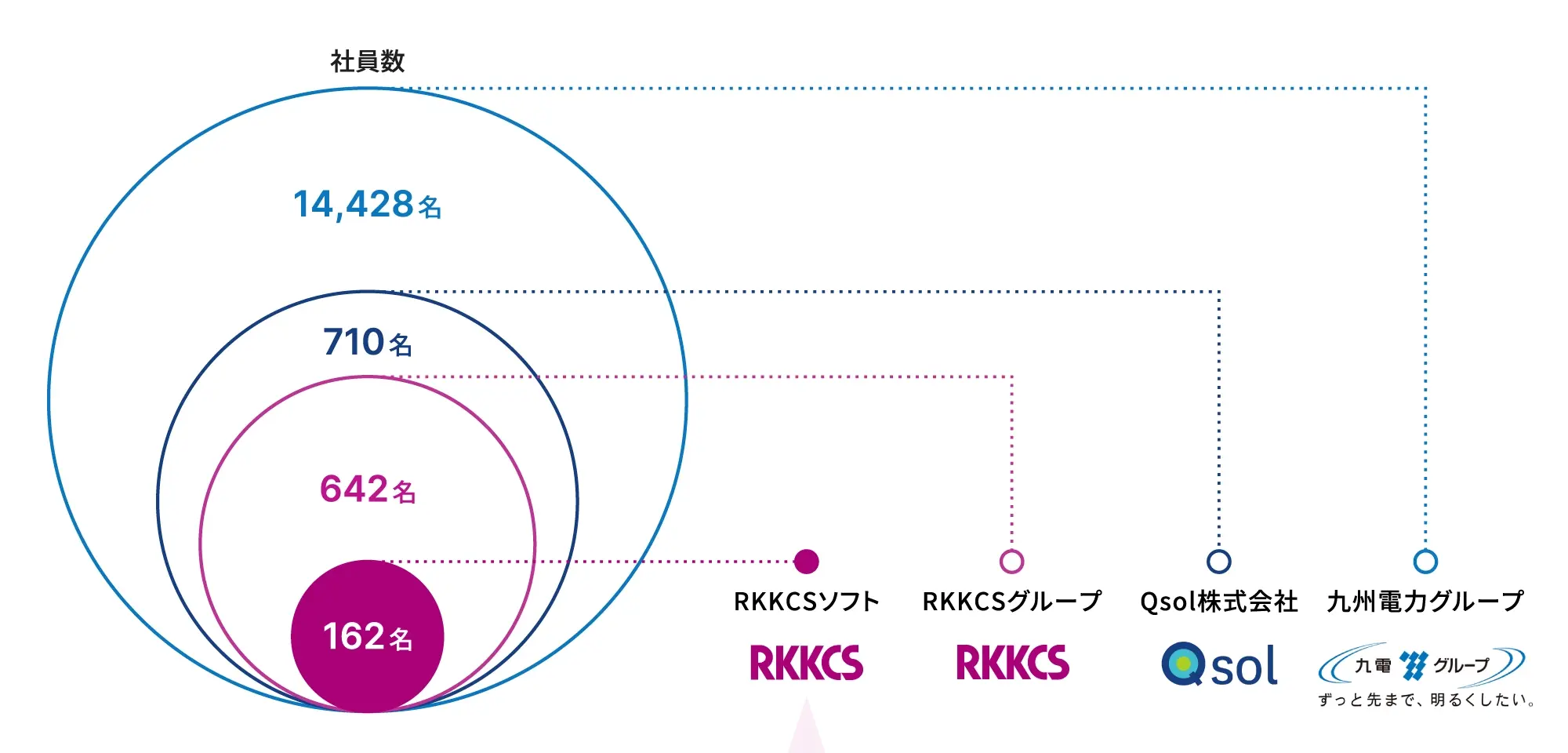 社員数の内訳（九州電力グループ14,428名のうちQsol株式会社710名、RKKCSグループ642名、RKKCSソフト162名）